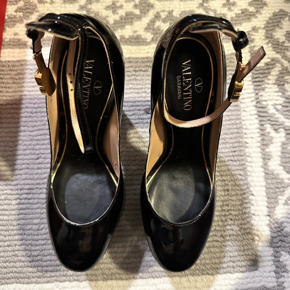 Valentino Black Patent Leather Heels with Gold Buckle